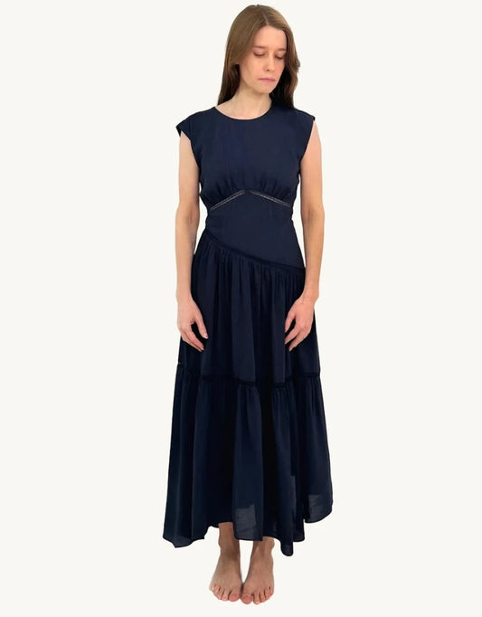 Gathered seam lace inset dress - navy Dresses Frame