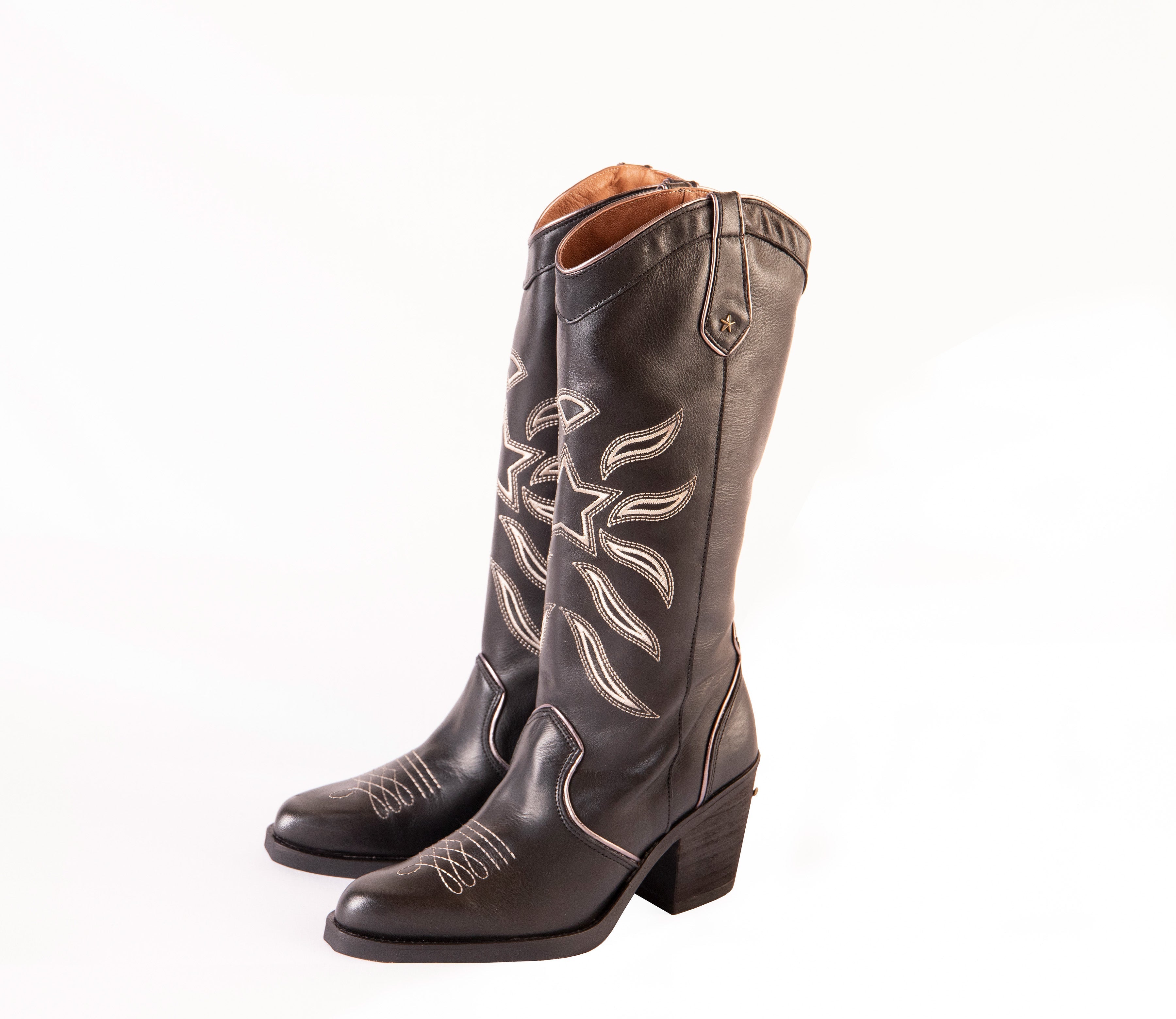 Kansas - black leather boots with star detailing Tall Boots