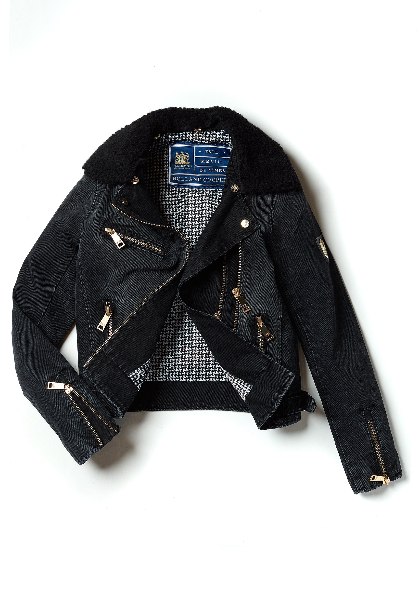 Denim Biker Jacket - Washed Black Sherpa Blazers & Jackets