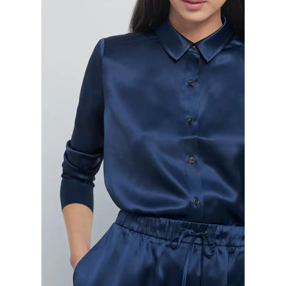 Oversized 100% Silk Shirt With Embroidered Logo - Navy