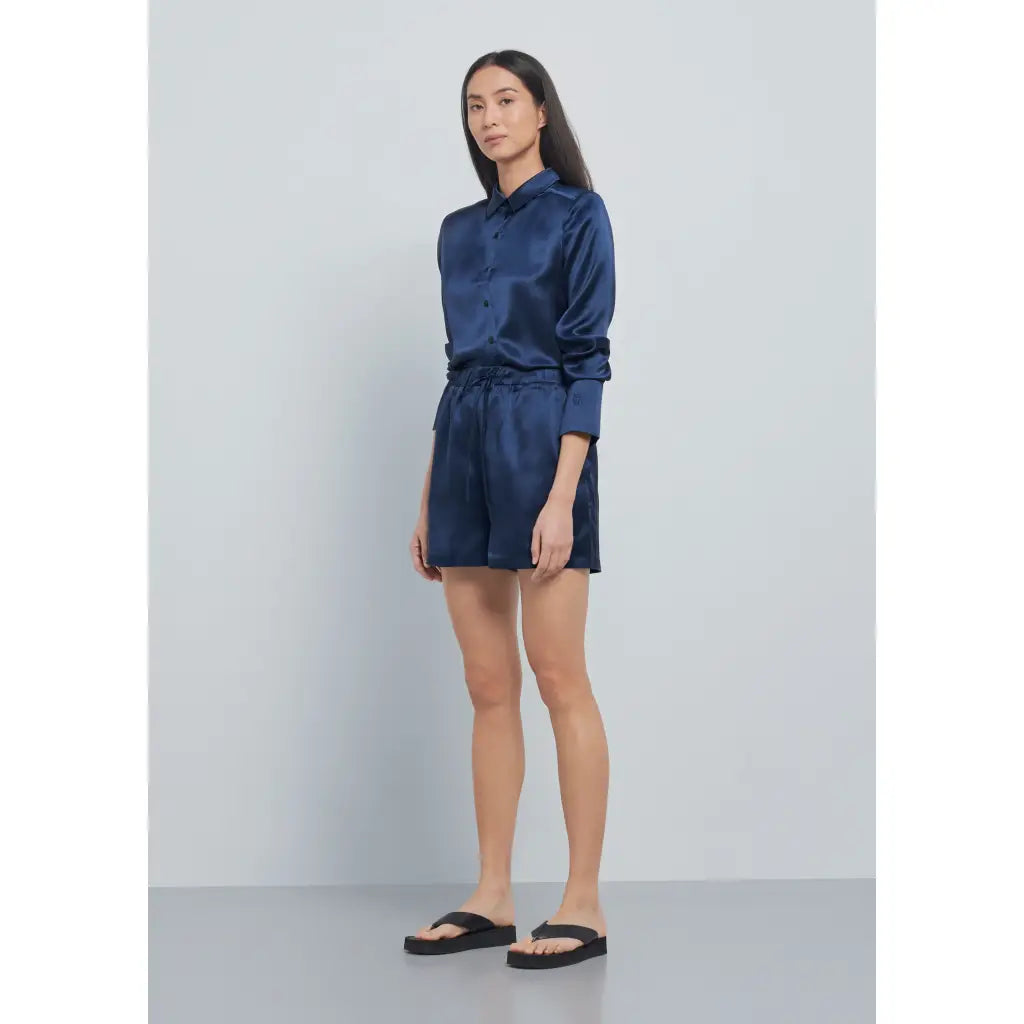 Oversized 100% Silk Shirt With Embroidered Logo - Navy